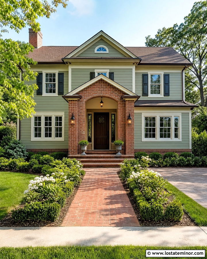 Light Moss Green House With Brick Portico - 30 Moss Green House Design With Portico Ideas