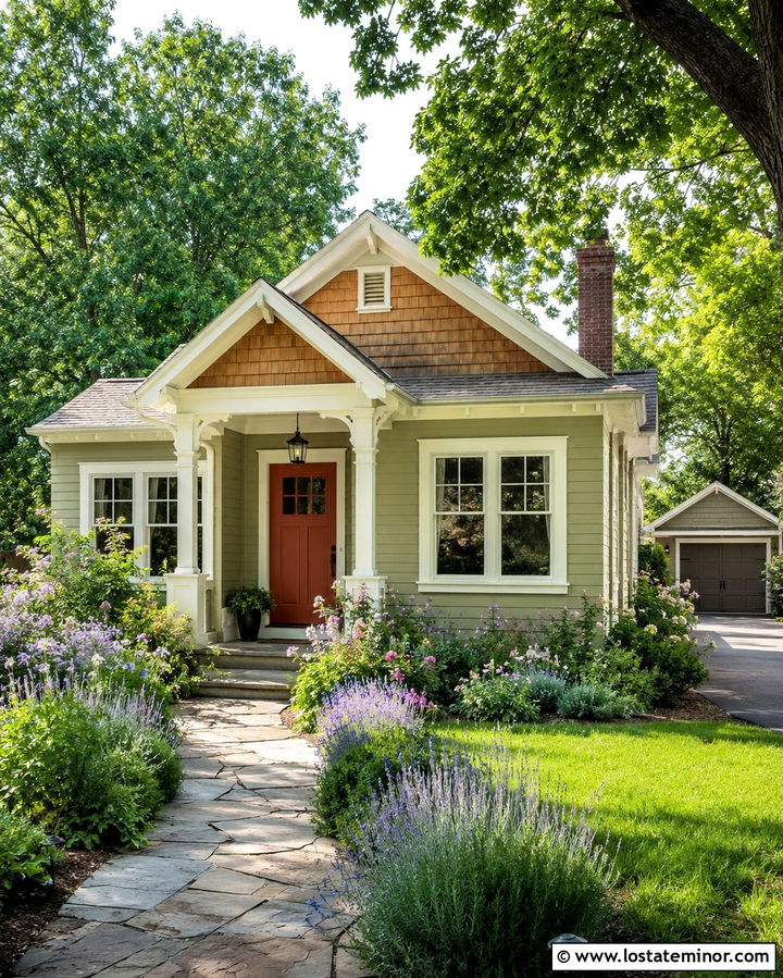 Light Olive Green Bungalow With Cottage Portico - 30 Olive Green House Design With Portico Ideas