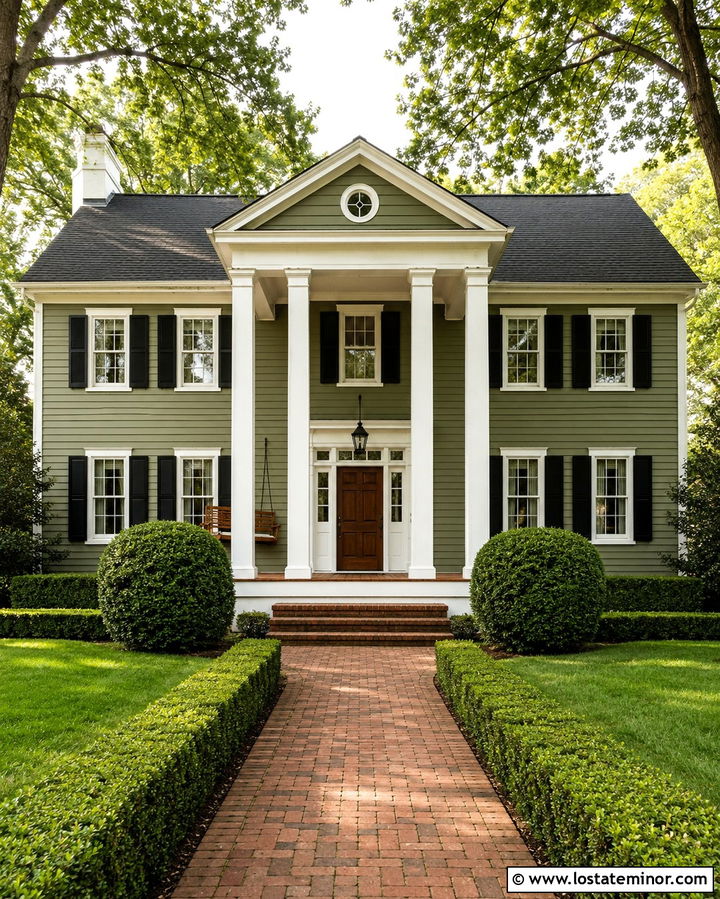 Light Olive Green Colonial With Wood Swing - 30 Olive Green House Design With Swing Ideas
