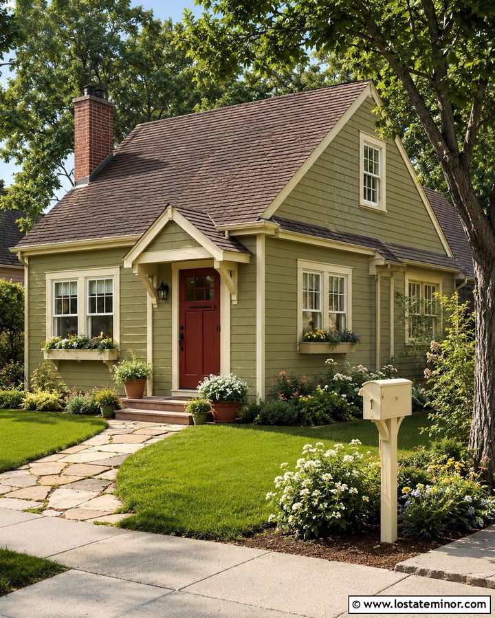 Light Olive Green Cottage With Cream Mailbox - 30 Olive Green House Design With Mailbox Ideas