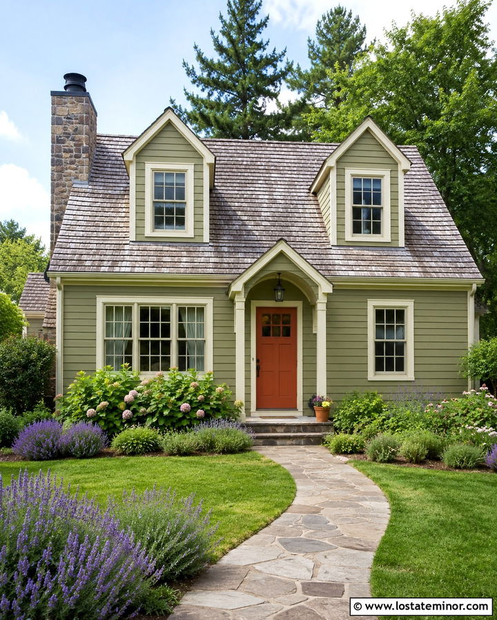 Light Olive Green Cottage With Cream Trim - 30 Olive Green House Design With Dormers Ideas