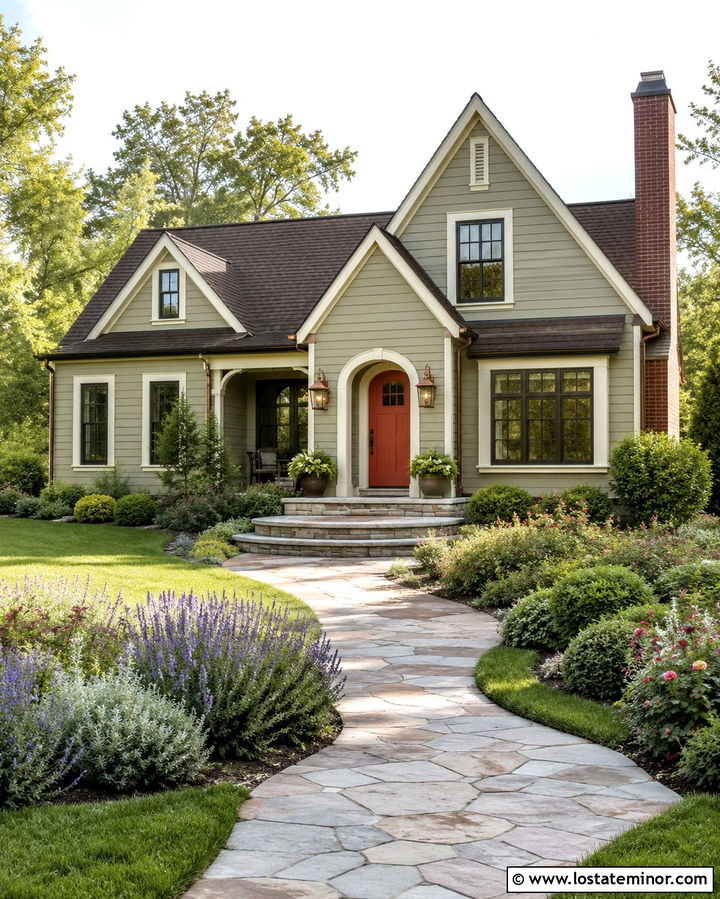 Light Olive Green Cottage With Curved Steps - 30 Olive Green House Design With Steps Ideas