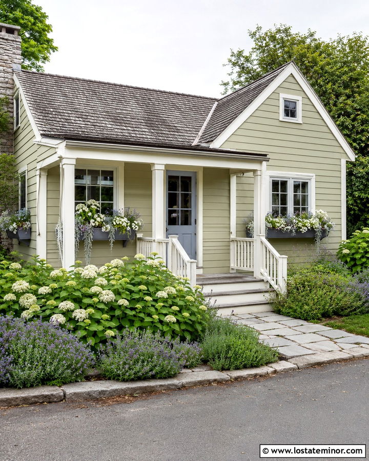 Light Olive Green Cottage With Gray Window Boxes - 30 Olive Green House Design With Window Boxes Ideas