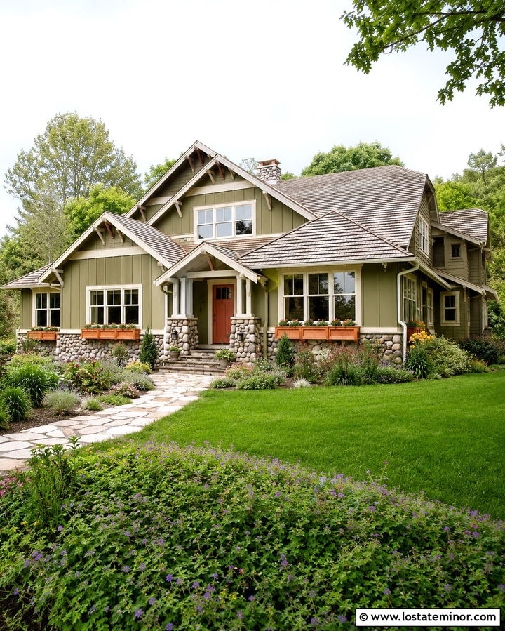 Light Olive Green Cottage With River Rock - 30 Olive Green House Design With Stone Accents Ideas