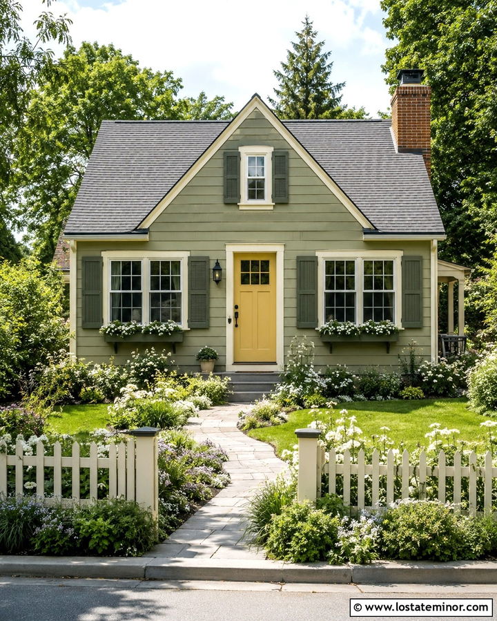 Light Olive Green Cottage With Sage Shutters - 30 Olive Green House Design With Shutters Ideas