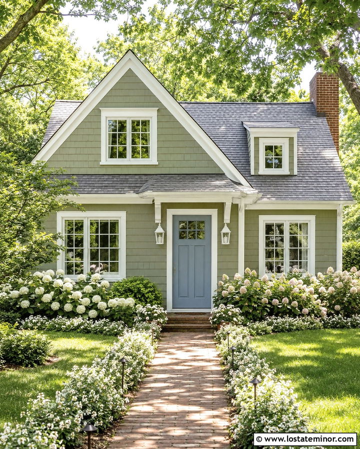 Light Olive Green Cottage With White Lanterns - 30 Olive Green House Design With Lighting Ideas