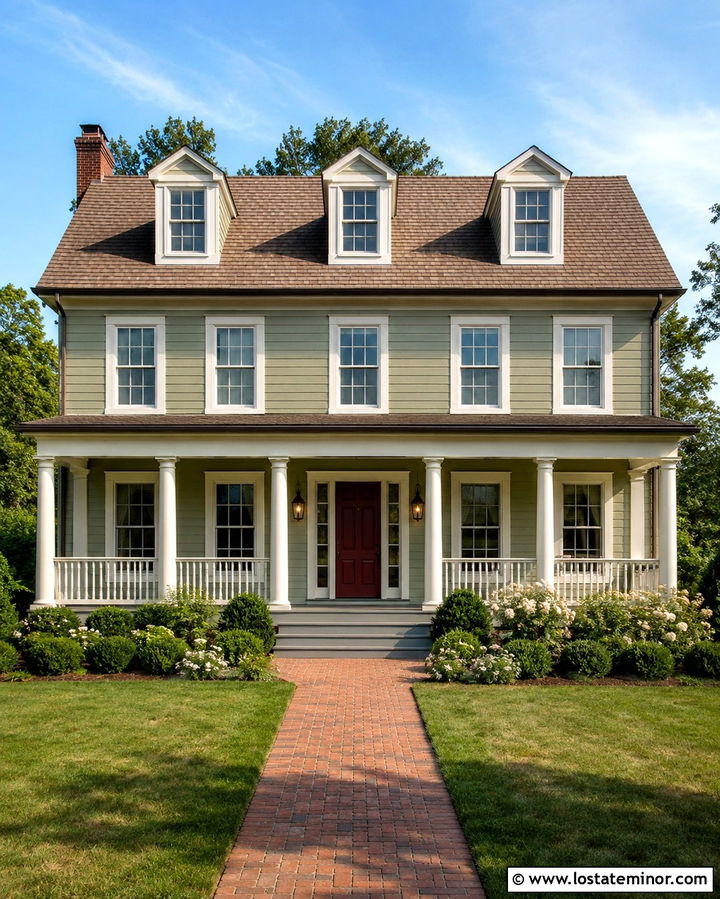 Light Olive Green House With Cream Porch Columns - 30 Olive Green House Design With Porch Columns Ideas