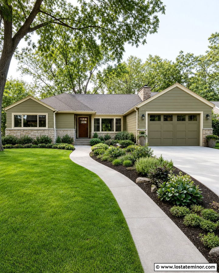 Light Olive Green Ranch With Beige Stone - 30 Olive Green House Design With Accents Ideas