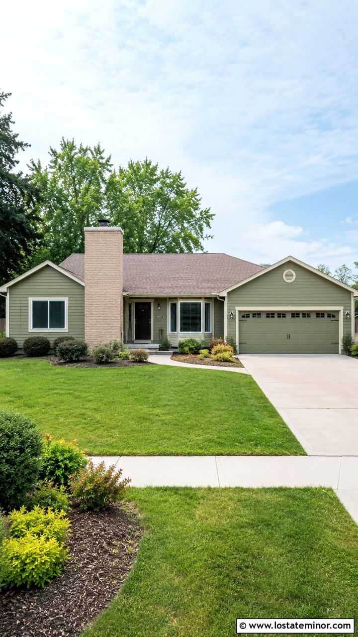 Light Olive Green Ranch With Tan Brick Chimney - 30 Olive Green House Design With Chimney Ideas