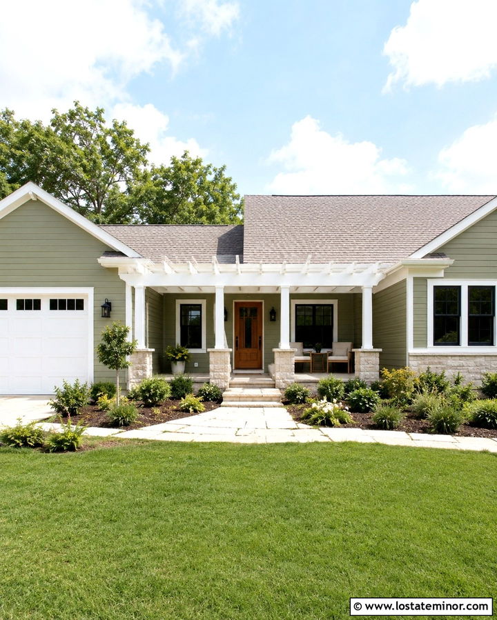 Light Olive Ranch House With White Pergola - 30 Olive Green House Design With Pergola Ideas