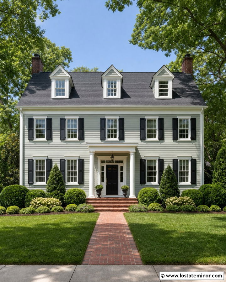 Light Sage Green Colonial With Three Dormers - 30 Sage Green House Design With Dormers Ideas