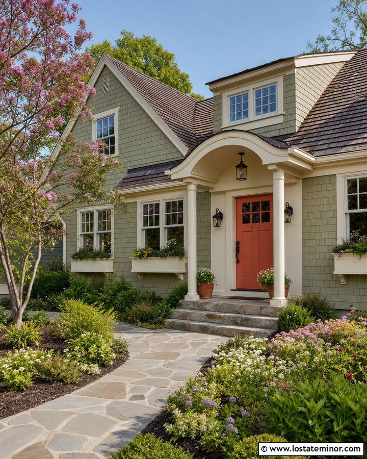 Light Sage Green Cottage With Curved Portico - 30 Sage Green House Design With Portico Ideas