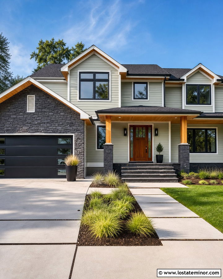 Light Sage Green House With Charcoal Stone - 30 Sage Green House Design With Stone Accents Ideas