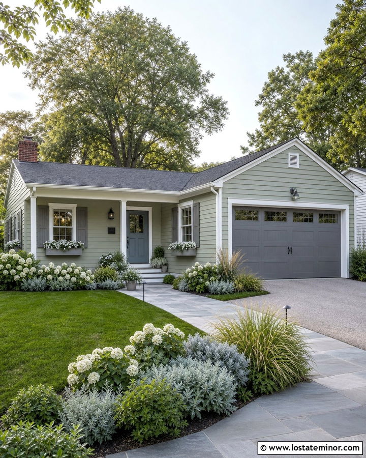Light Sage Green House With Gray Window Boxes - 30 Sage Green House Design With Window Boxes Ideas