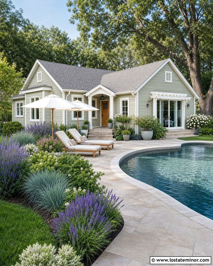 Light Sage Green House With Pool And Colorful Landscaping - 30 Sage Green House Design With Swimming Pool Ideas