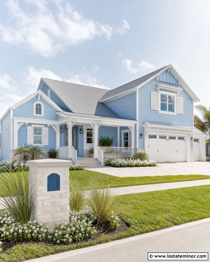 Light Stone Coastal House With Blue Mailbox - 30 Stone House Design With Mailbox Ideas