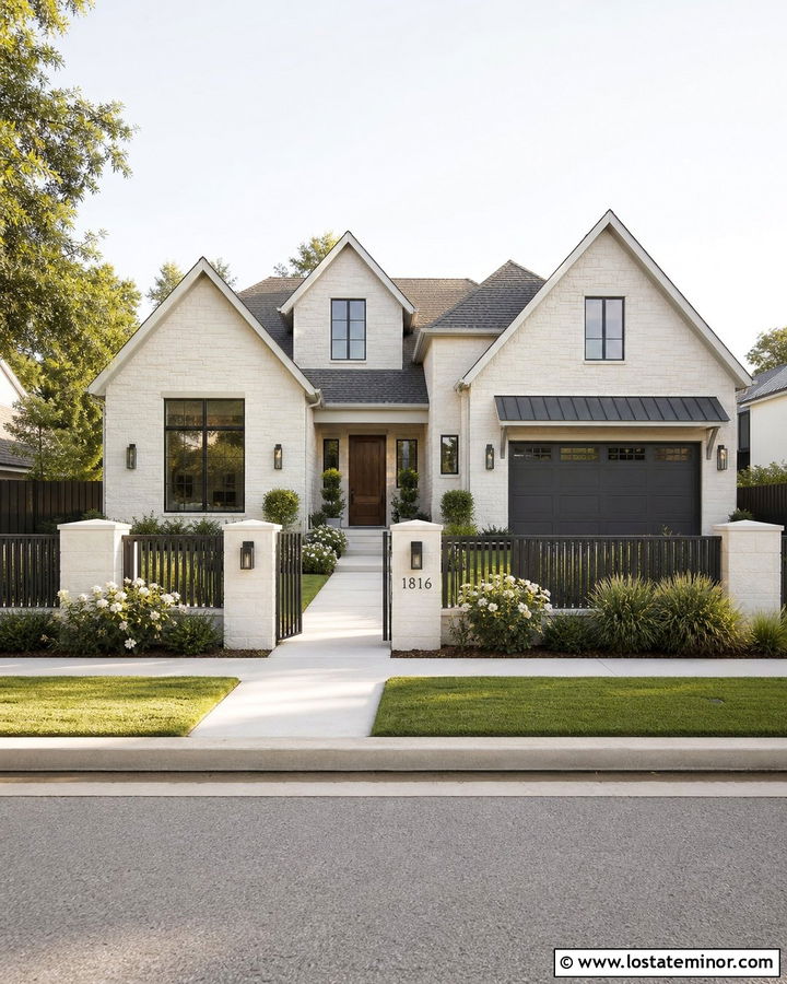 Light Stone House With Charcoal Privacy Fence - 30 Stone House Design With Fence Ideas