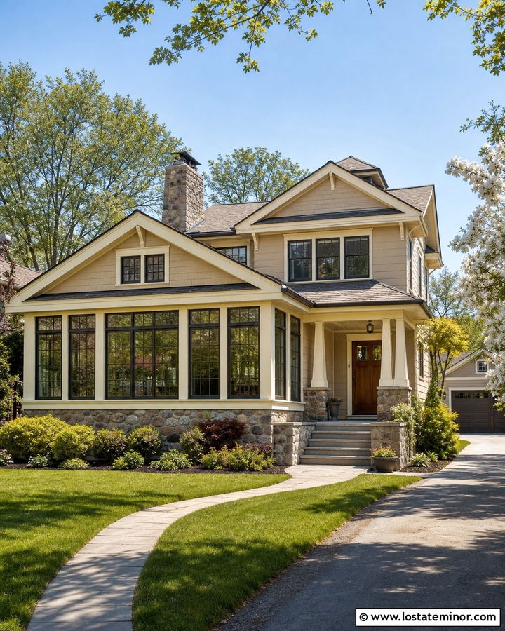 Light Tan Craftsman House With Gabled Sunroom - 30 Tan House Design With Sunroom Ideas