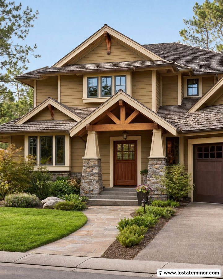 Light Tan Craftsman House With Weathered Wood Shingles - 30 Tan House Design With Shingles Ideas