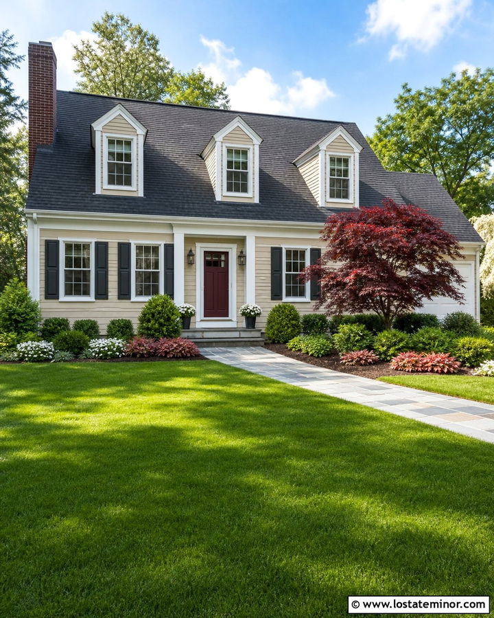 Light Tan House With Japanese Maple Landscaping - 30 Tan House Design With Landscaping Ideas