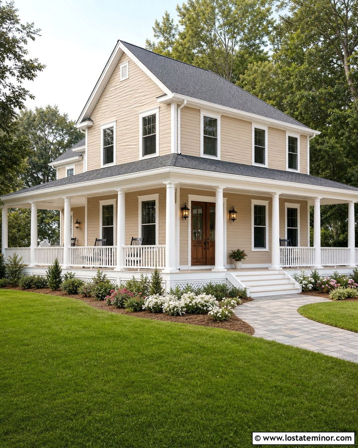 Light Tan House With White Wraparound Porch - 30 Tan House Design With Front Porch Ideas