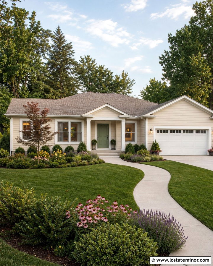 Light Tan Ranch House With Curved Flower Beds - 30 Tan House Design With Front Yard Ideas