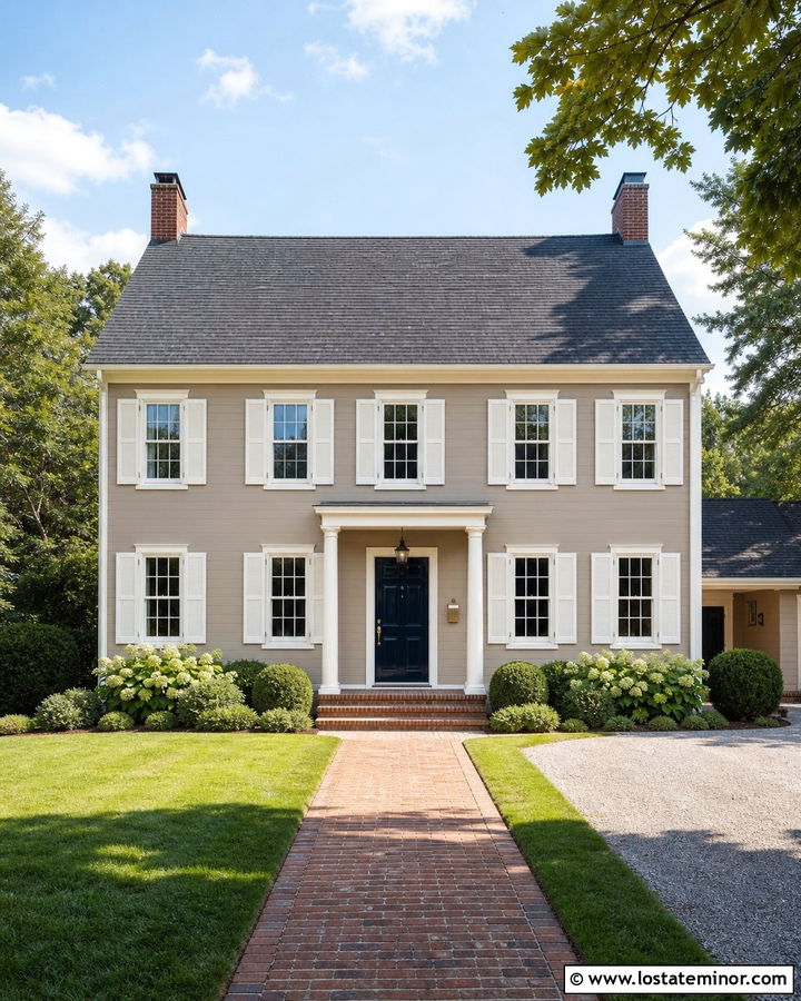 Light Taupe Colonial House With Brass Mailbox - 30 Taupe House Design With Mailbox Ideas