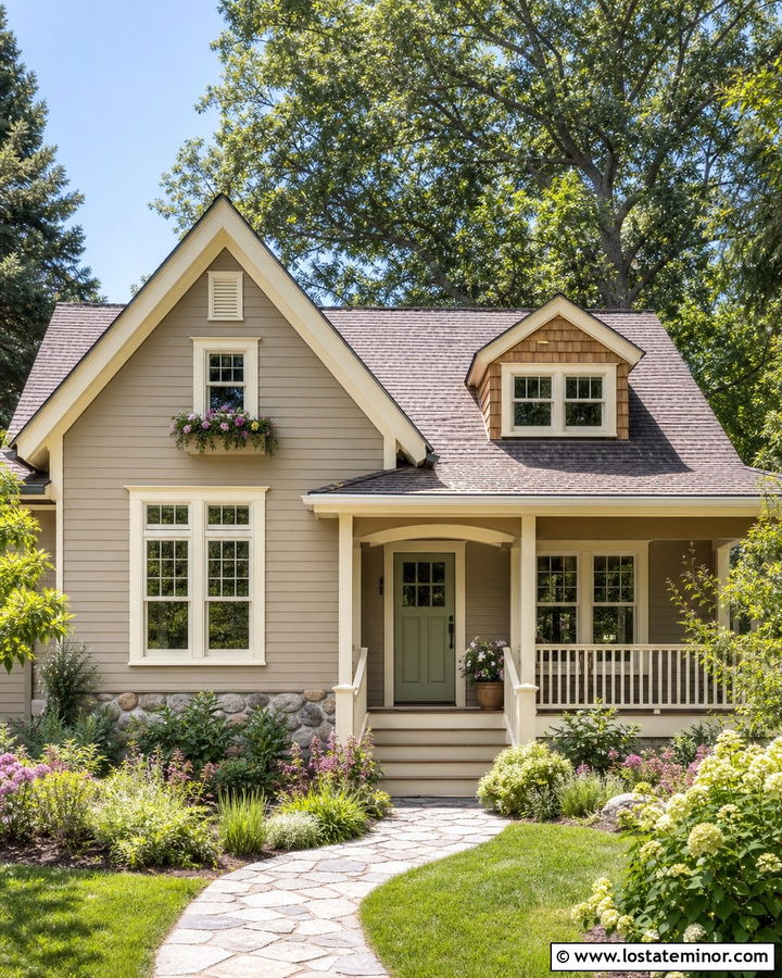 Light Taupe Cottage With Cream Window Frames - 30 Taupe House Design With Window Frames Ideas