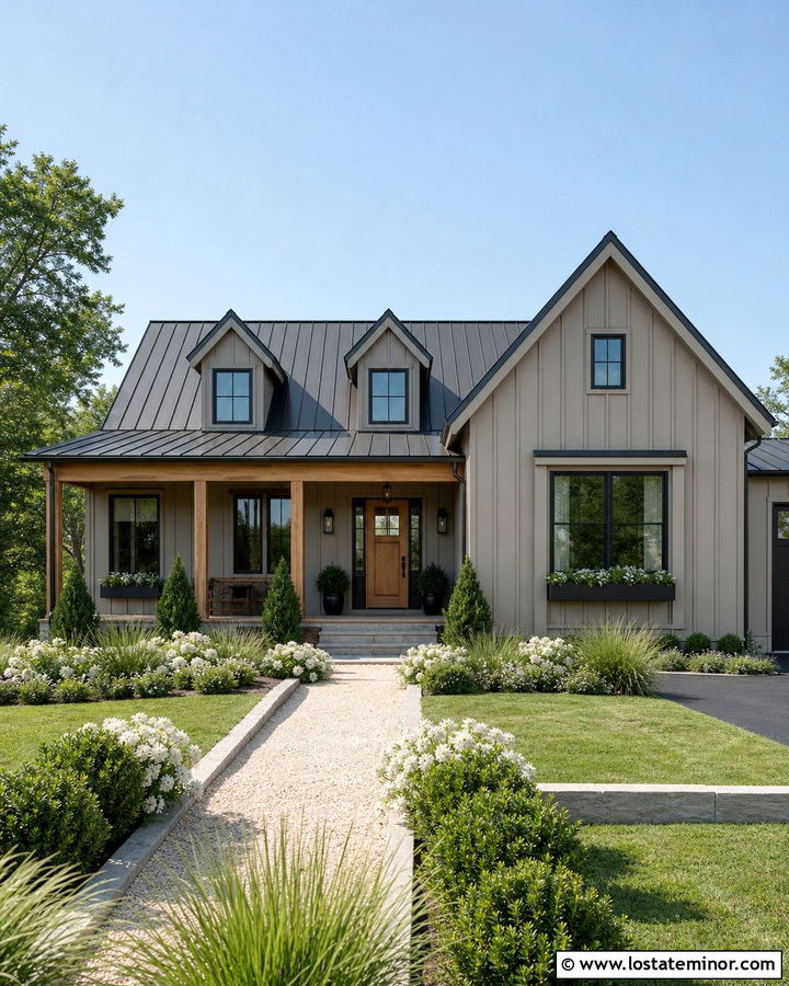 Light Taupe Farmhouse With Black Window Boxes - 30 Taupe House Design With Window Boxes Ideas