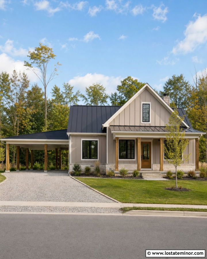 Light Taupe Farmhouse With Side Carport - 30 Taupe House Design With Carport Ideas
