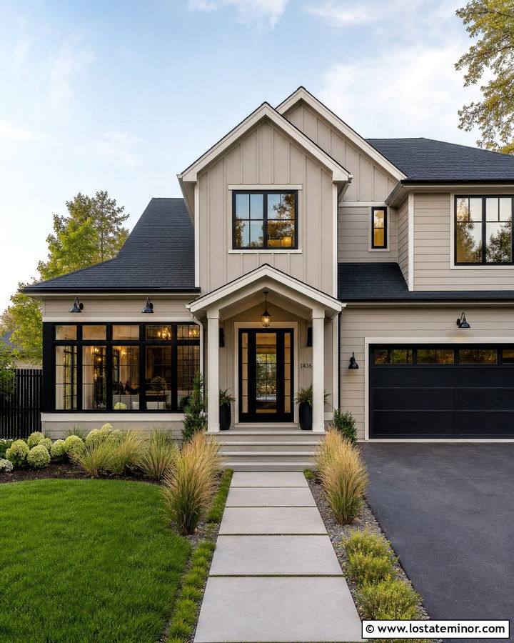 Light Taupe House With Black Framed Sunroom - 30 Taupe House Design With Sunroom Ideas