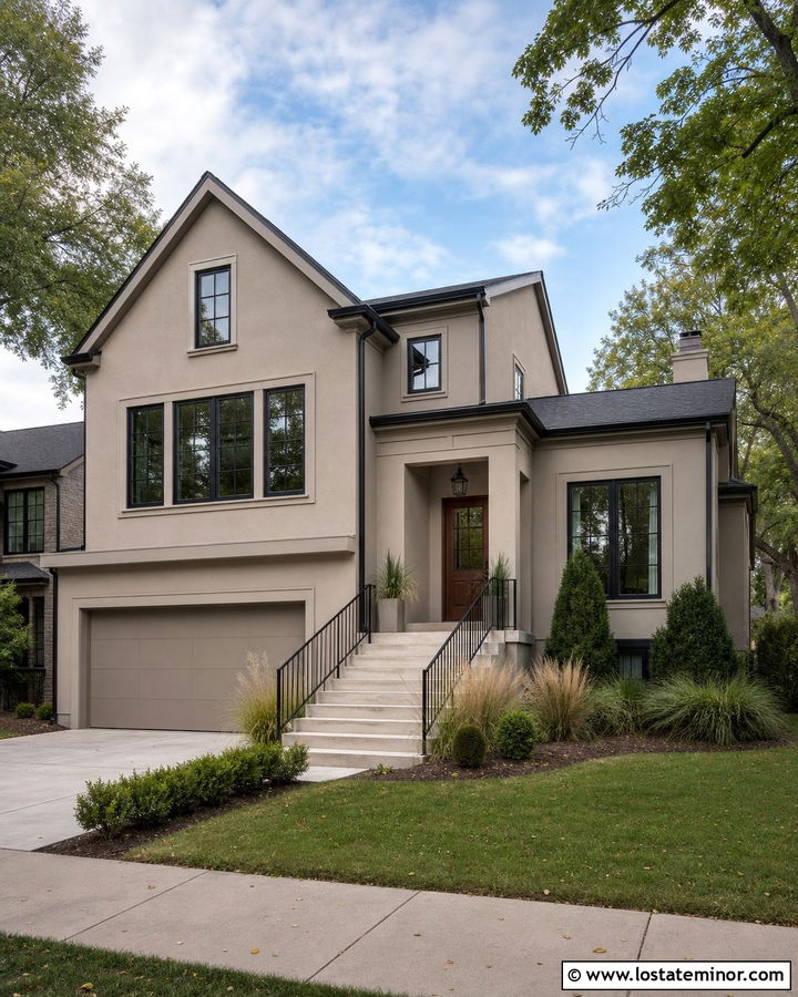 Light Taupe House With Black Metal Railings - 30 Taupe House Design With Railings Ideas