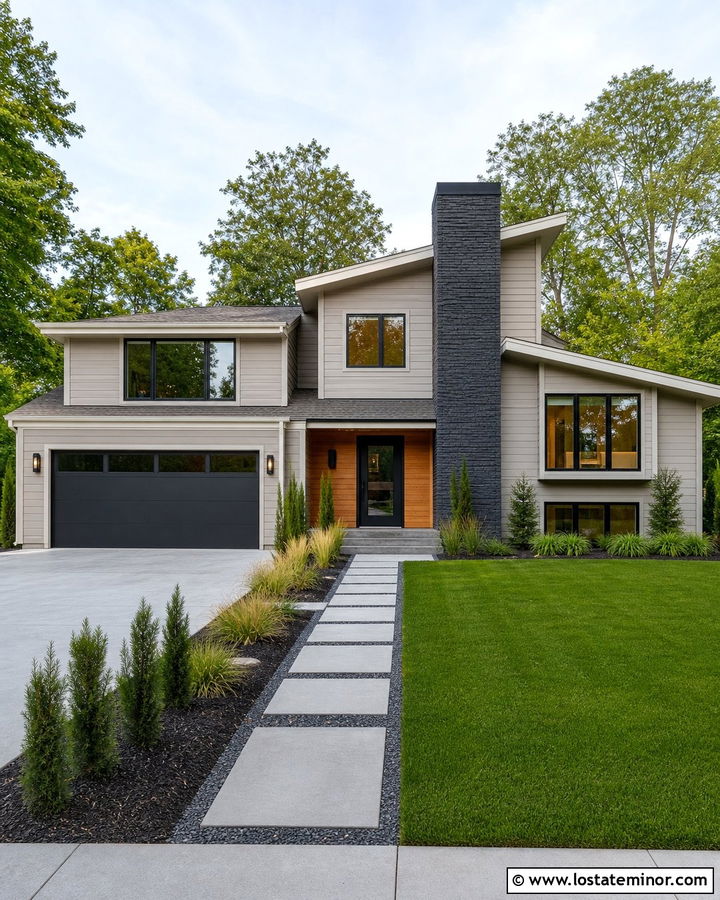 Light Taupe House With Charcoal Chimney - 30 Taupe House Design With Chimney Ideas