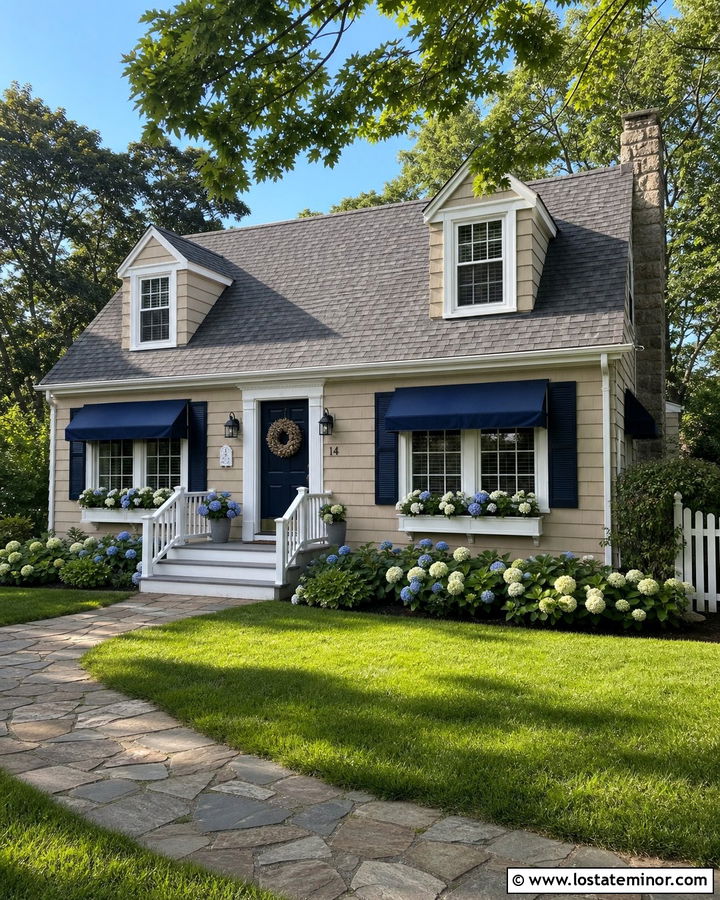 Light Taupe House With Navy Canvas Awnings - 30 Taupe House Design With Awning Ideas