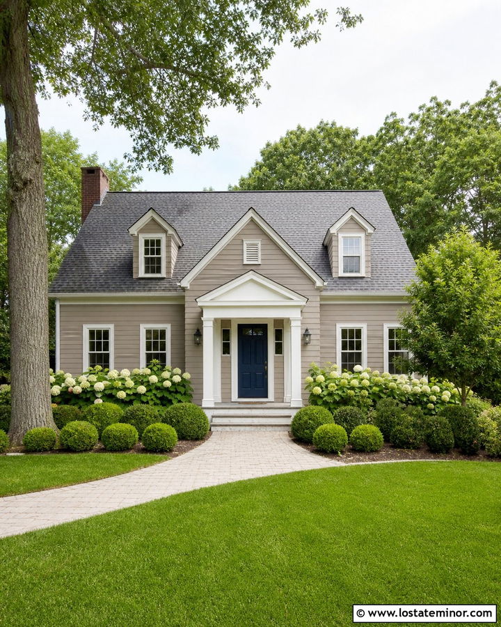 Light Taupe House With White Gabled Portico - 30 Taupe House Design With Portico Ideas
