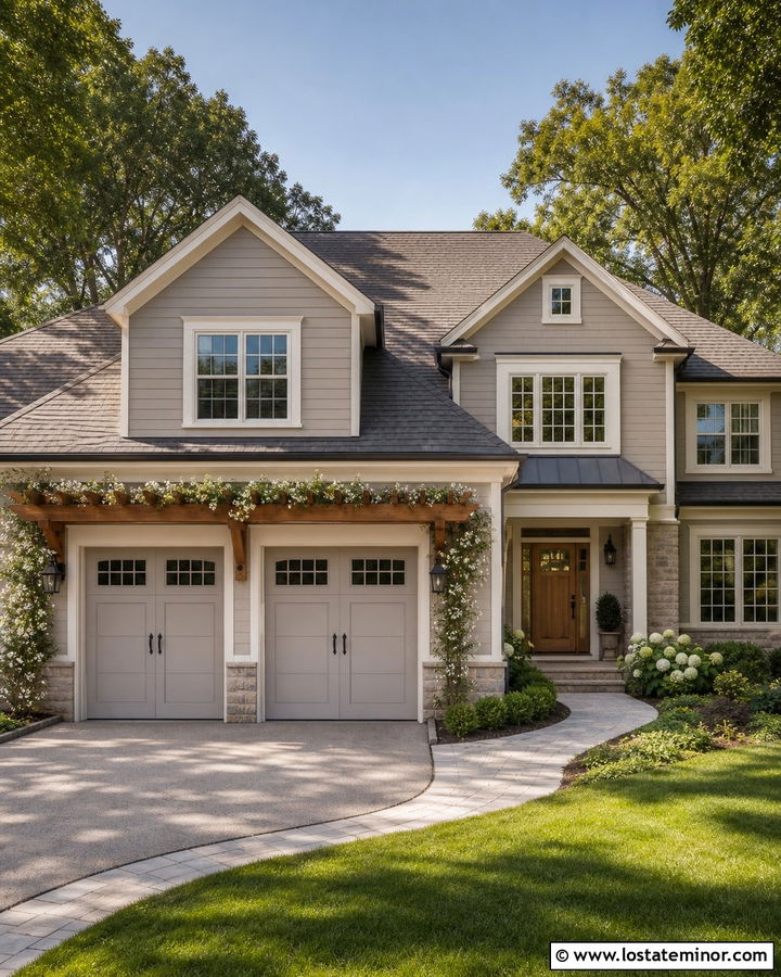 Light Taupe House With Wood Garage Pergola - 30 Taupe House Design With Pergola Ideas