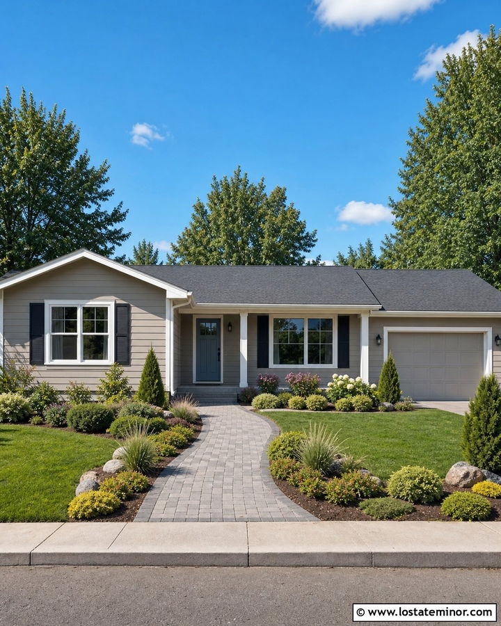 Light Taupe Ranch House With Layered Foundation Planting - 30 Taupe House Design With Landscaping Ideas