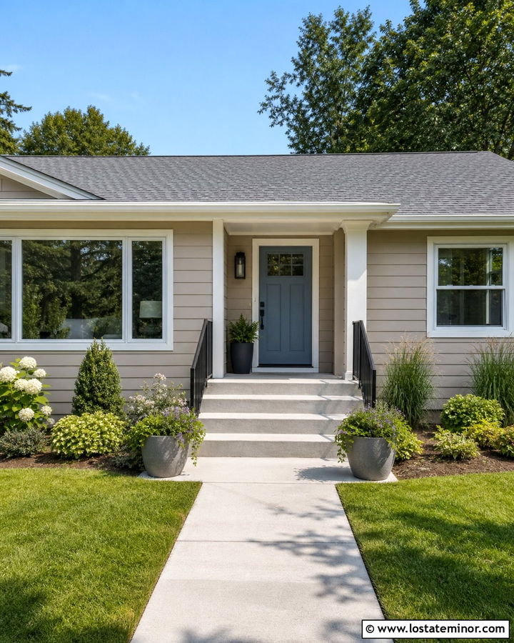 Light Taupe Ranch With Wide Front Steps - 30 Taupe House Design With Steps Ideas