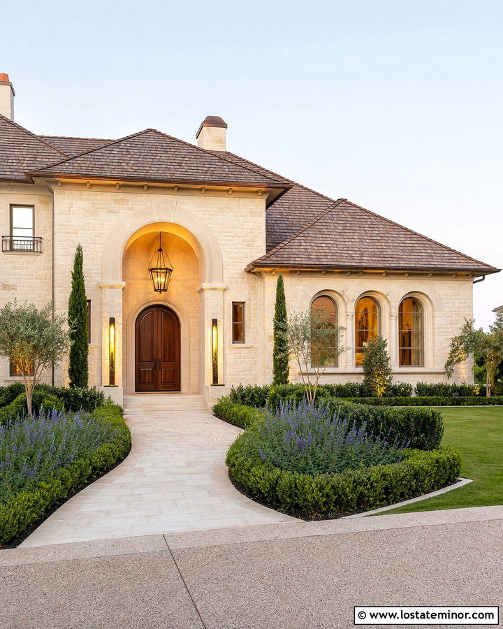 Limestone House With Arched Entry Lighting - 30 Stone House Design With Lighting Ideas