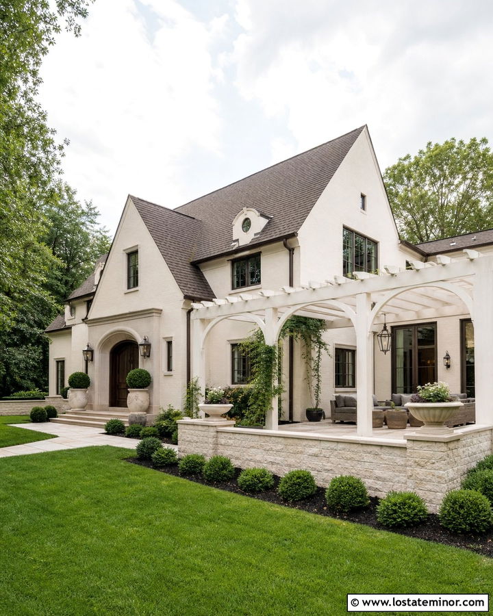 Limestone House With Arched Pergola - 30 Stone House Design With Pergola Ideas