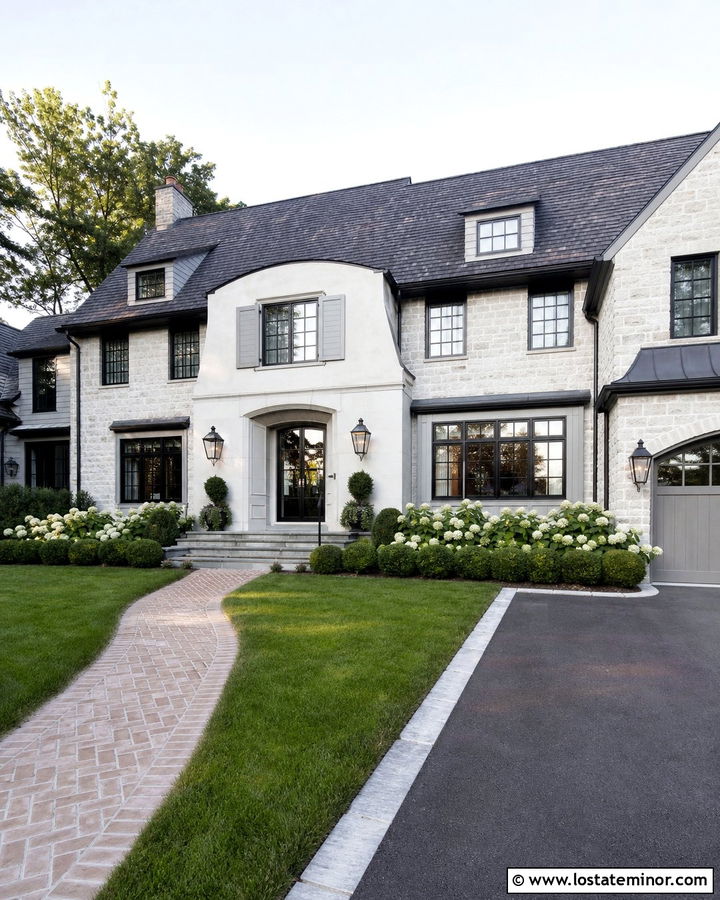 Limestone House With Black Lantern Sconces - 30 Stone House Design With Light Fixtures Ideas