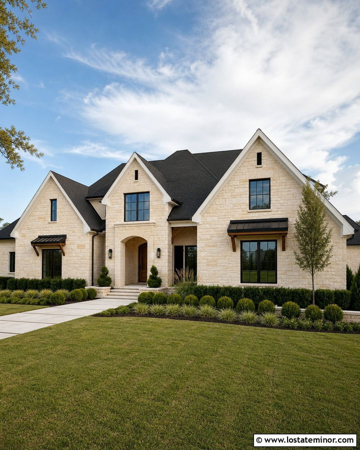 Limestone House With Black Shingle Roof - 30 Stone House Design With Roof Ideas