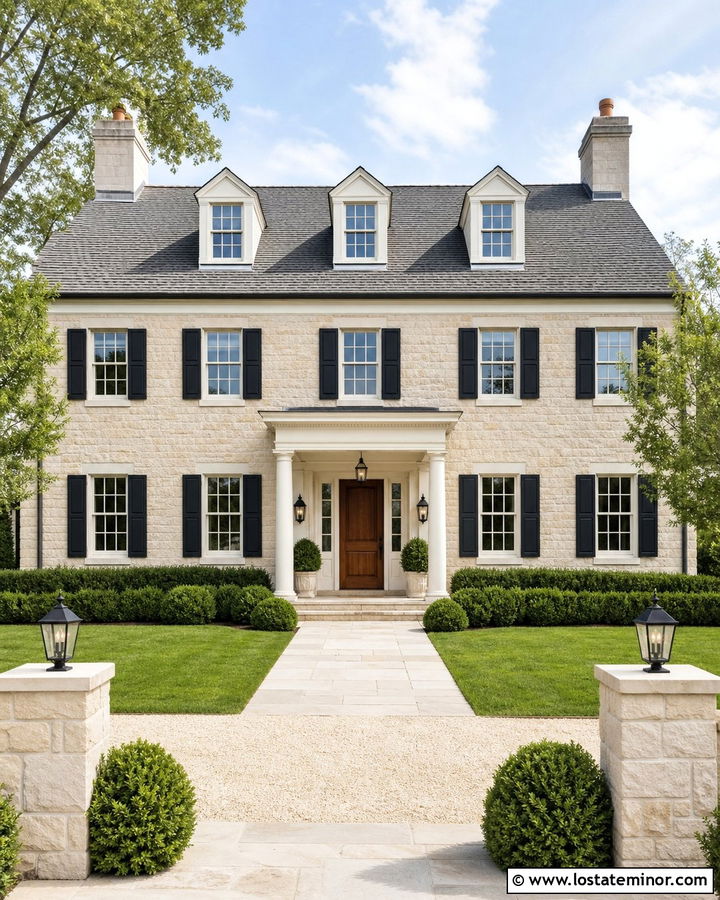 Limestone House With Black Shutters - 30 Stone House Design With Shutters Ideas