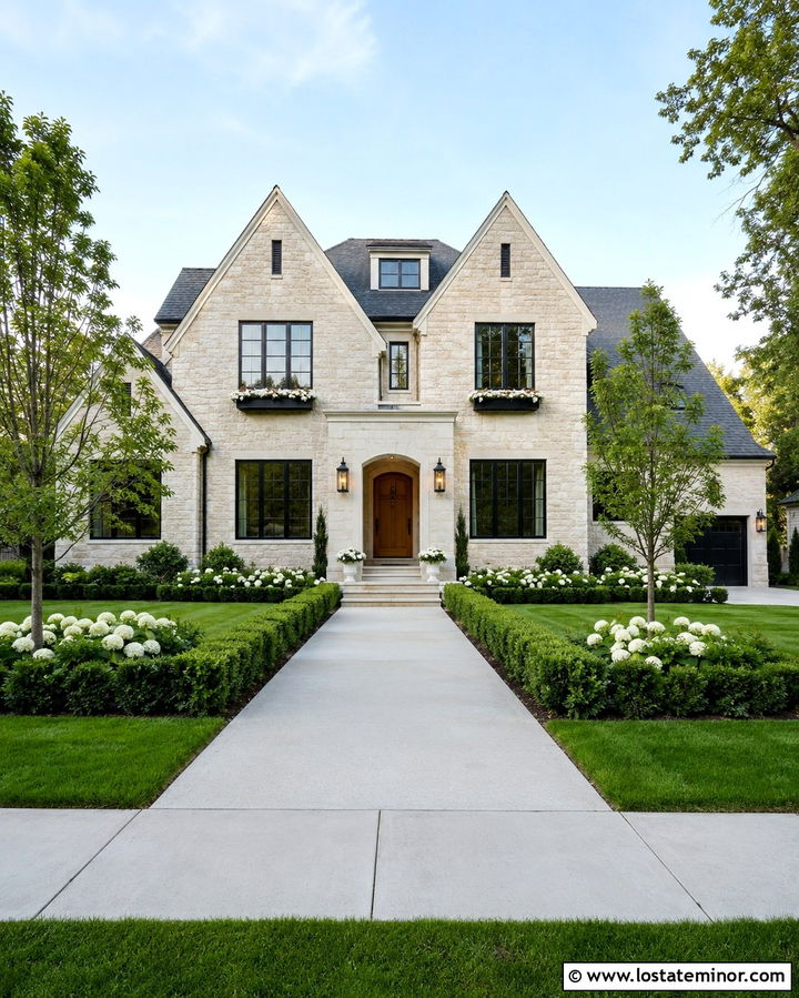 Limestone House With Black Window Boxes - 30 Stone House Design With Window Boxes Ideas