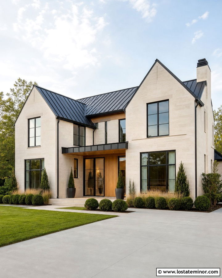 Limestone House With Black Window Frames - 30 Stone House Design With Window Frames Ideas