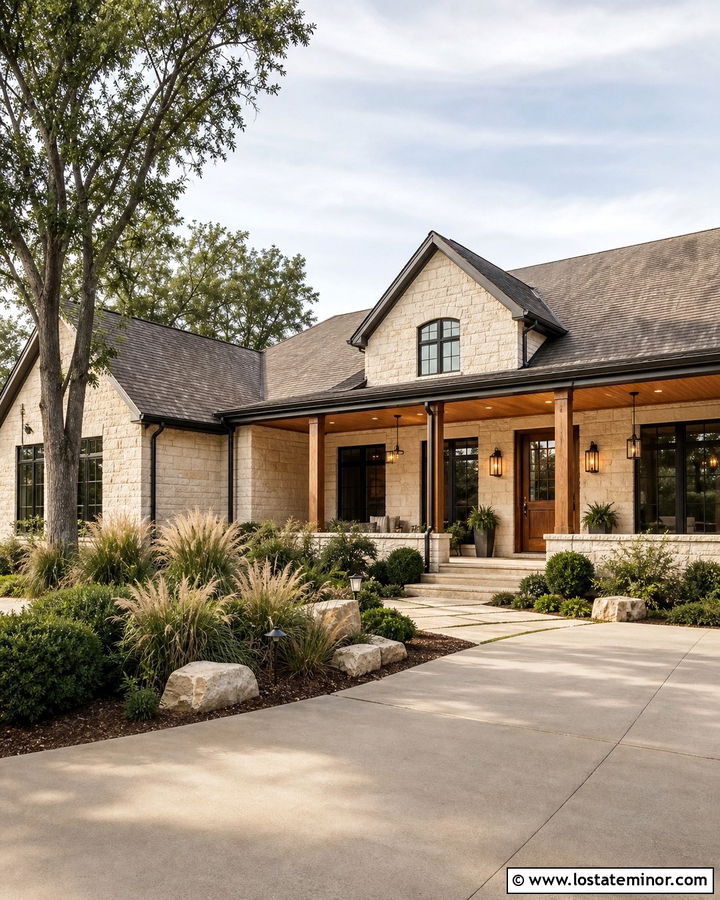Limestone House With Cedar Porch Ceiling - 30 Stone House Design With Porch Ceiling Ideas