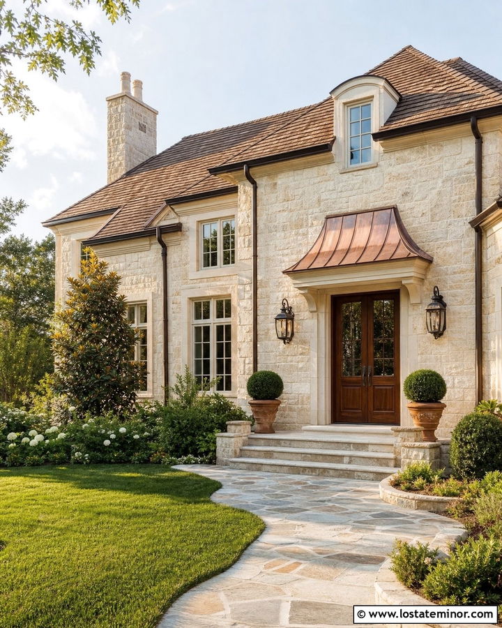 Limestone House With Copper Awning - 30 Stone House Design With Awning Ideas