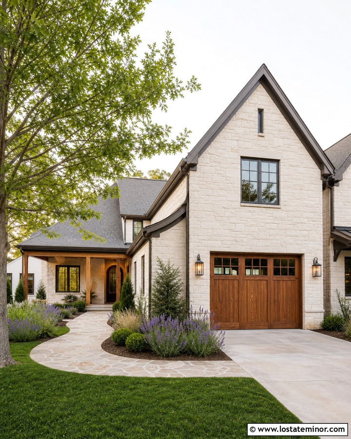 Limestone House With Natural Wood Garage Door - 30 Stone House Design With Garage Door Ideas