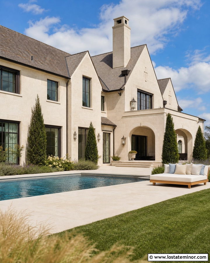 Limestone House With Poolside Daybed - 30 Stone House Design With Daybed Ideas