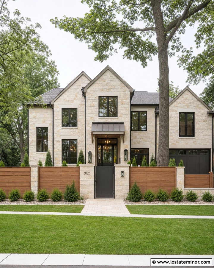 Limestone House With Privacy Fence - 30 Stone House Design With Fence Ideas